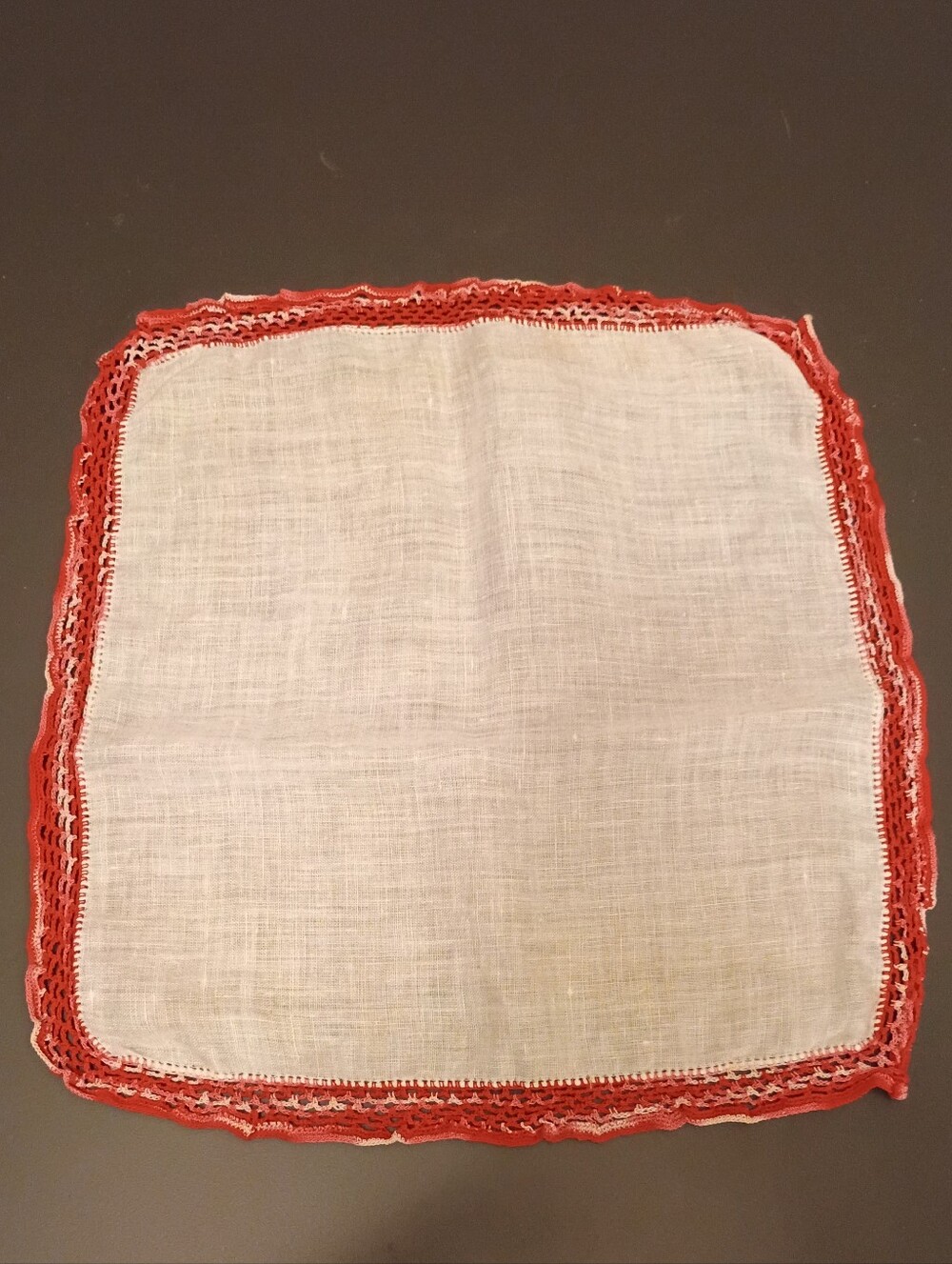 Vintage White Linen Handkerchief with Red and Pink Crochet Border